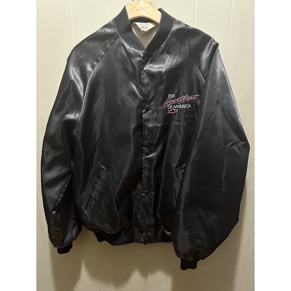 Vintage Chevrolet Heartbeat of America  Satin Bomber Jacket Black Large Rare HTF